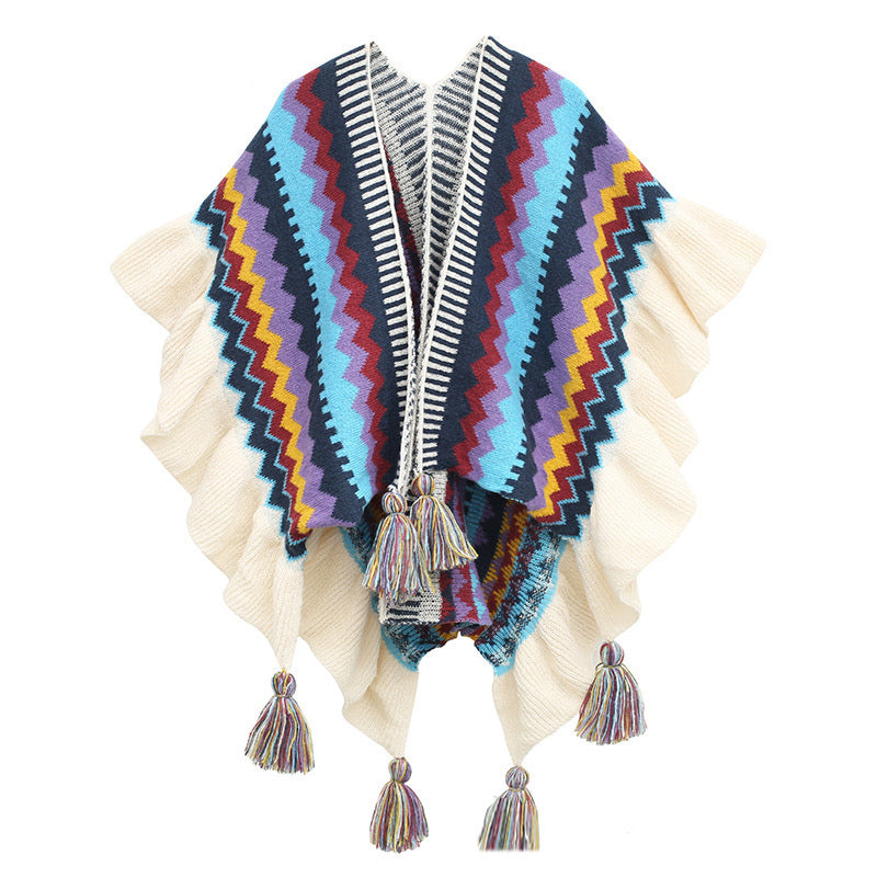 Tibetan Shawl Colorful Striped Wavy Line Tassels Winter Cozy Travel Scarf Wrap