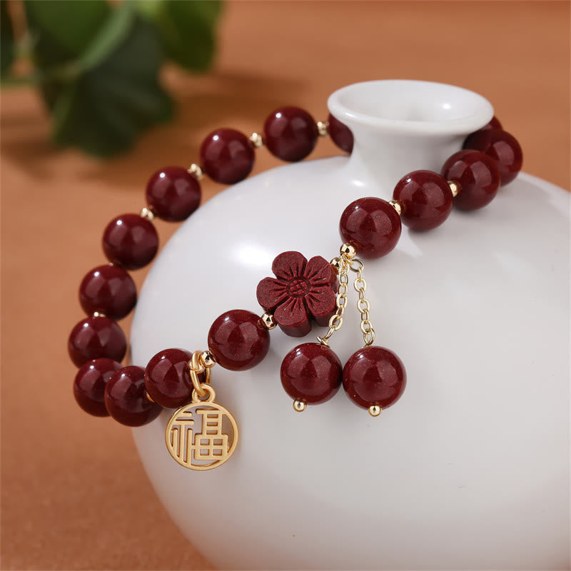 Cinnabar Fu Character Cherry Blossom Blessing Bracelet