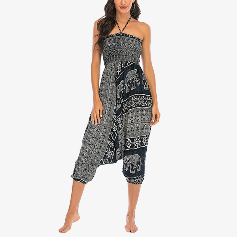 Two Style Wear Elephant Pattern Loose Smocked Harem Trousers Jumpsuit Women's Yoga Pants