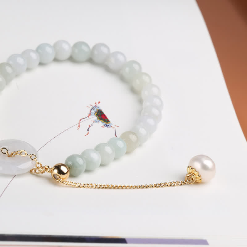 Natural Jade Pearl Gold Copper Peace Buckle Bracelet