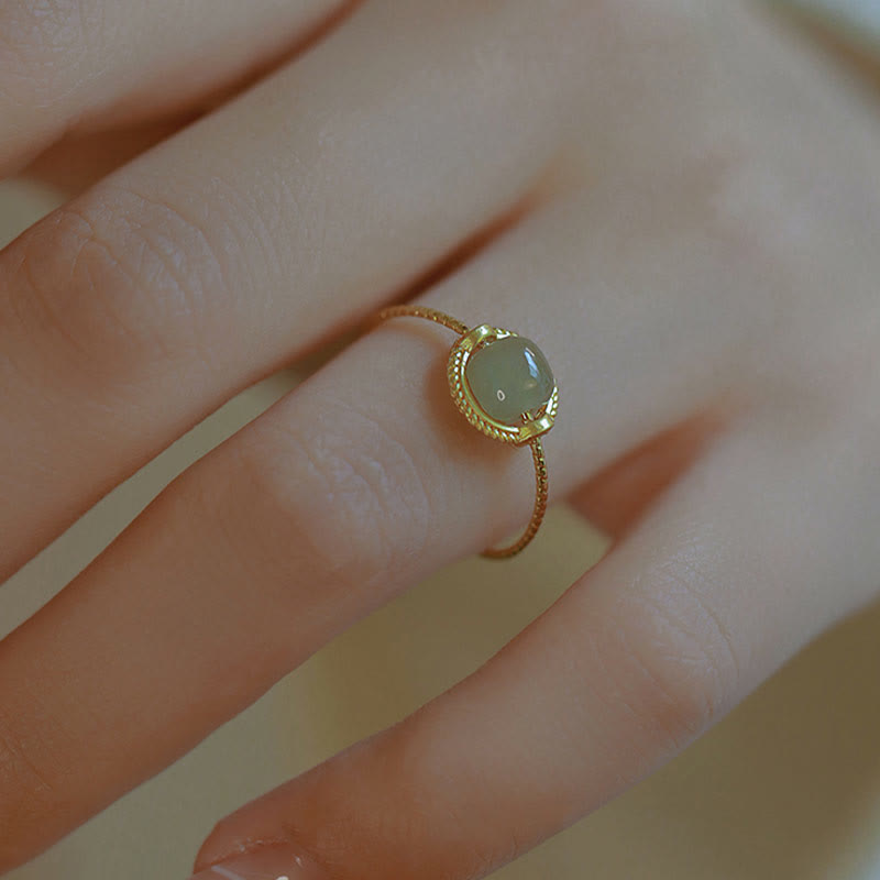 Minimalist 14K Gold Plated Copper Round Jade Adjustable Ring