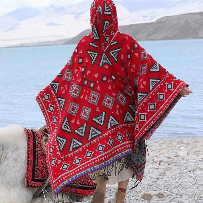 Tibetan Shawl Triangle Pattern Hooded Cloak Winter Cozy Travel Scarf Wrap