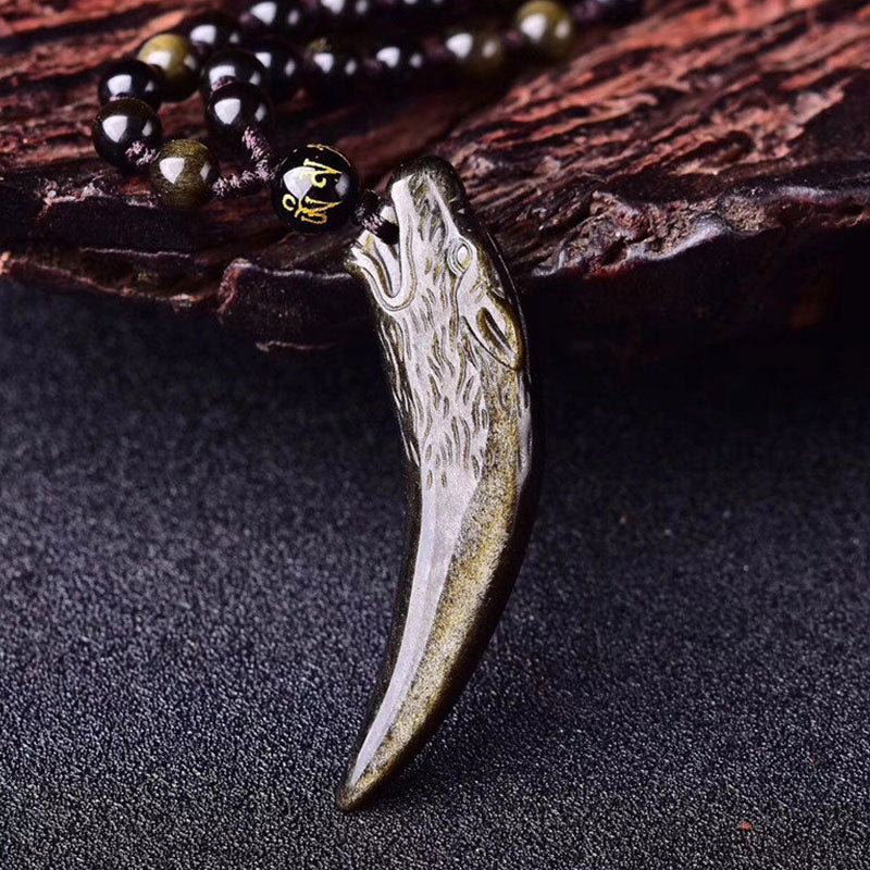 Natural Black Obsidian Ice Obsidian Rainbow Obsidian Wolf Tooth Pattern Strength Necklace Pendant