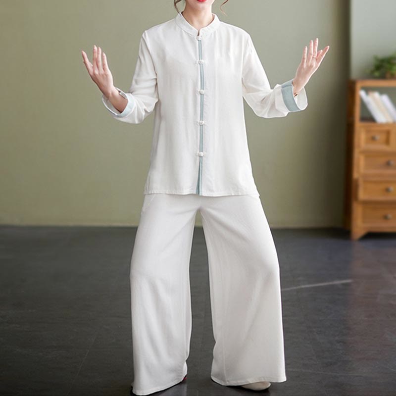 2Pcs Tang Suit Long Sleeve Shirt Top Pants Meditation Zen Tai Chi Cotton Linen Clothing Women's Set