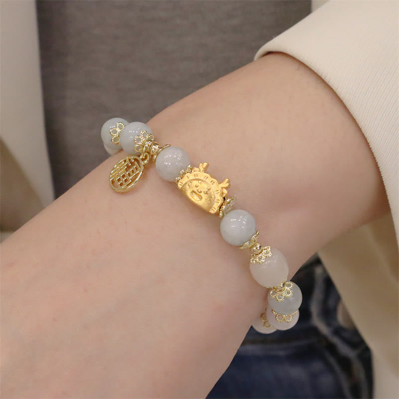 Year Of The Dragon Red Agate Strawberry Quartz Black Obsidian Jade Garnet Pearl Cinnabar Dumpling Dragon Luck Fu Character Bracelet
