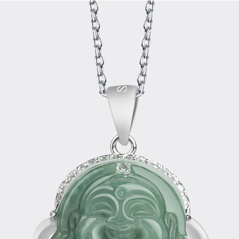 925 Sterling Silver Laughing Buddha Jade Abundance Necklace Chain Pendant