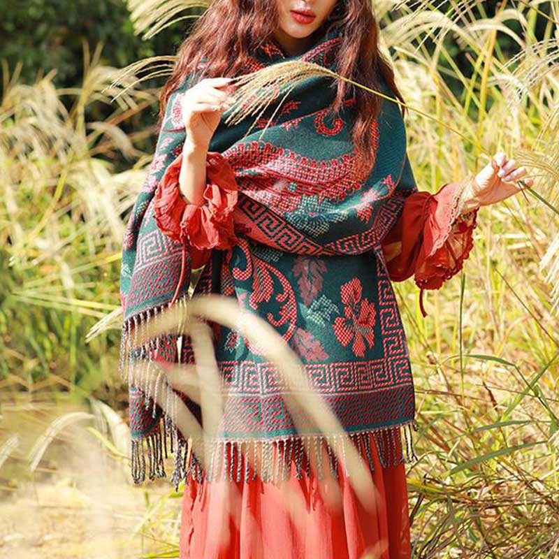 Tibetan Flowers Leaves Pattern Design Shawl Cozy Travel Scarf Wrap