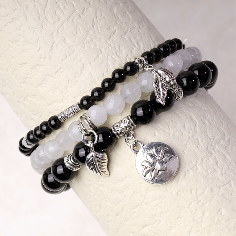 3PCS Natural Gemstone Beaded Lotus Charm Bracelet Set
