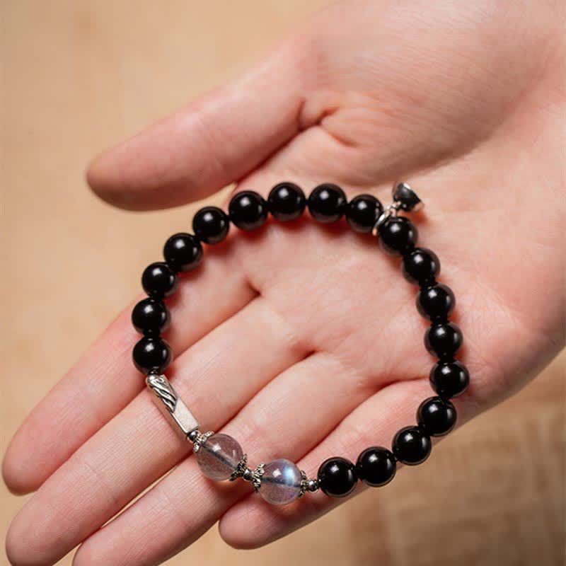 925 Sterling Silver Black Obsidian and Moonstone Beaded Couple Bracelet Set