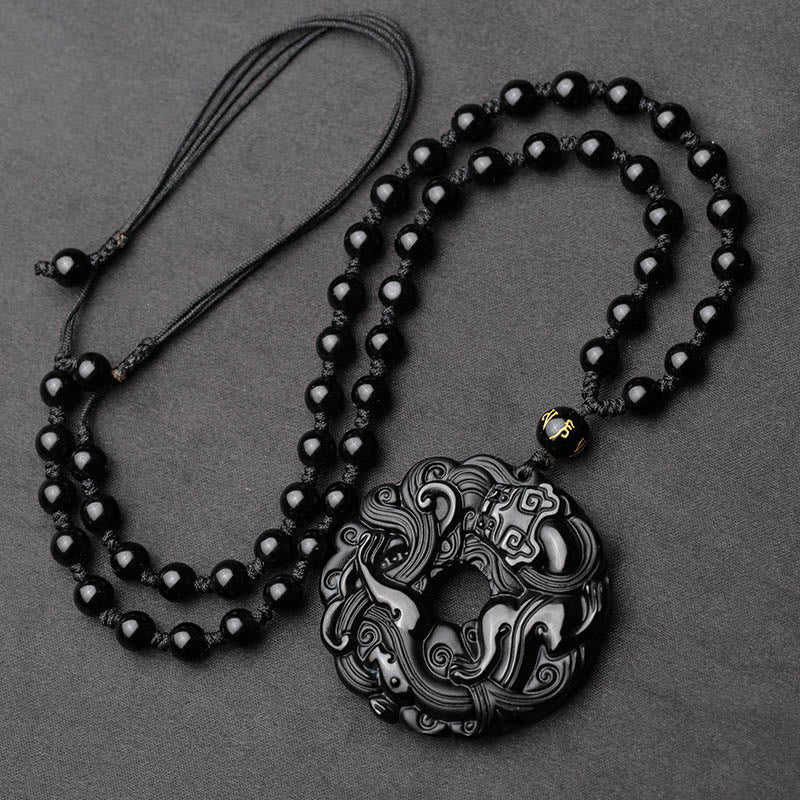 Natural Black Obsidian Peace Buckle Pixiu Purification Necklace Pendant