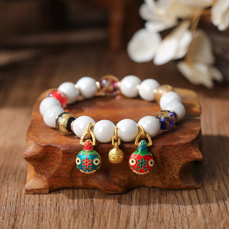 Gold Swallowing Beast Family Charm Liuli Glass Colorful Porcelain Bead Luck Bracelet