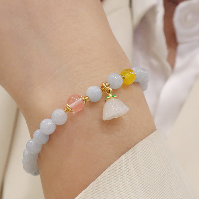 Natural Aquamarine & Chalcedony Beaded Charm Bracelet with Pearl & Symbolic Accents