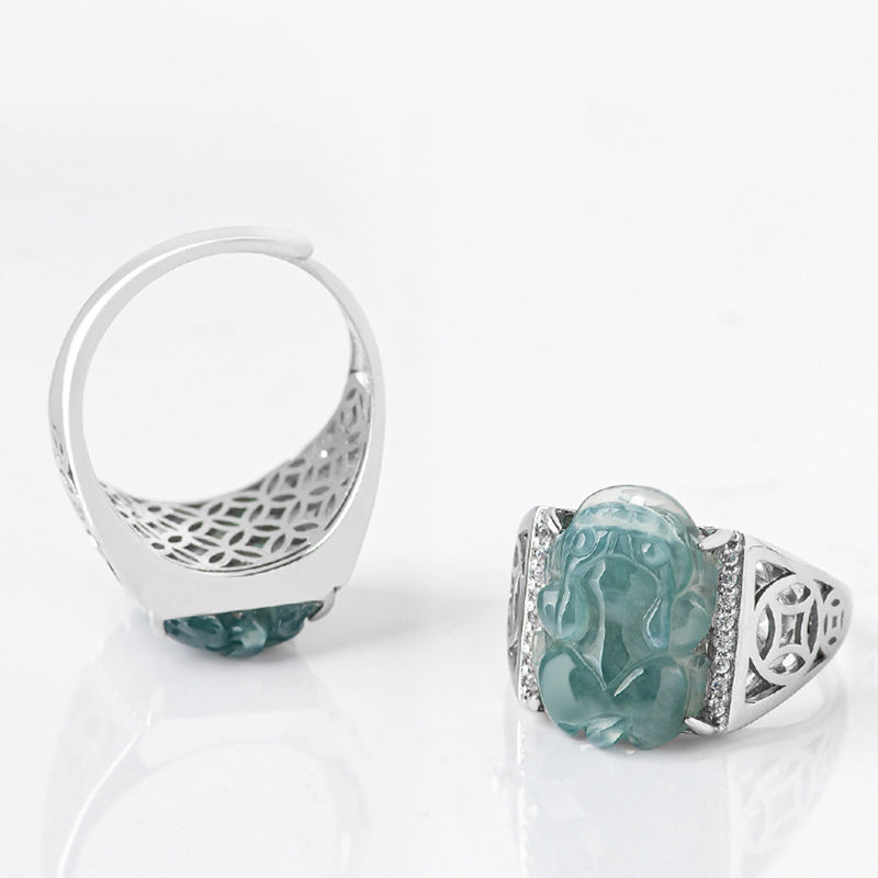 925 Sterling Silver Fengshui Wealth Prosperity Jade PiXiu Luck Ring