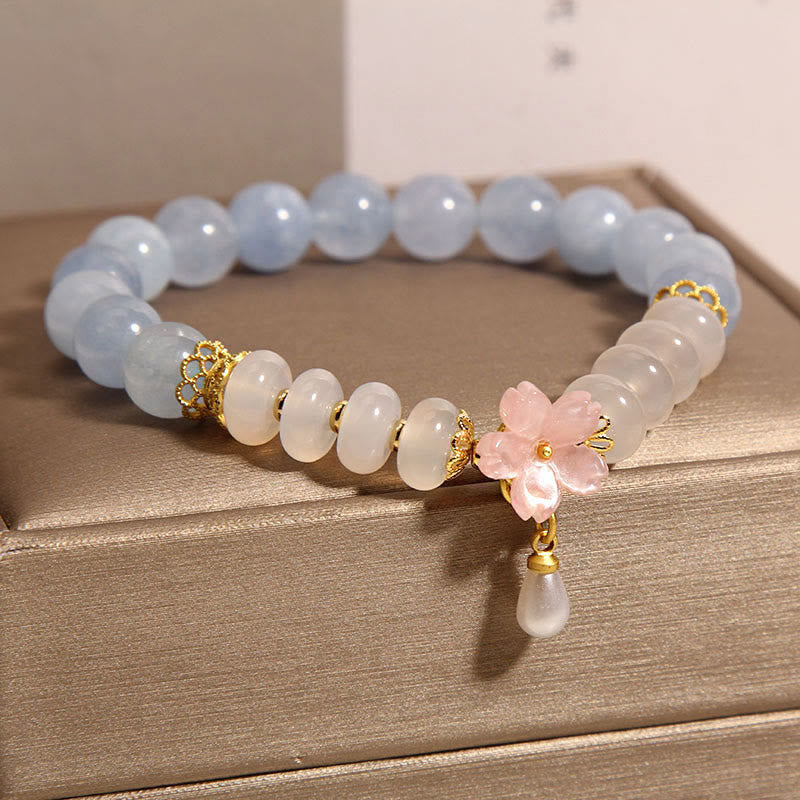 Aquamarine & White Agate Pearl Abacus Bead Bracelet with Floral Charm