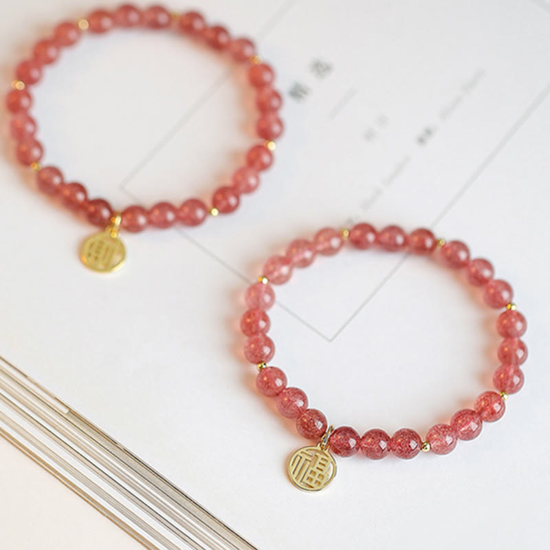 14K Gold Plated Strawberry Quartz Fu Character Healing Charm Bracelet