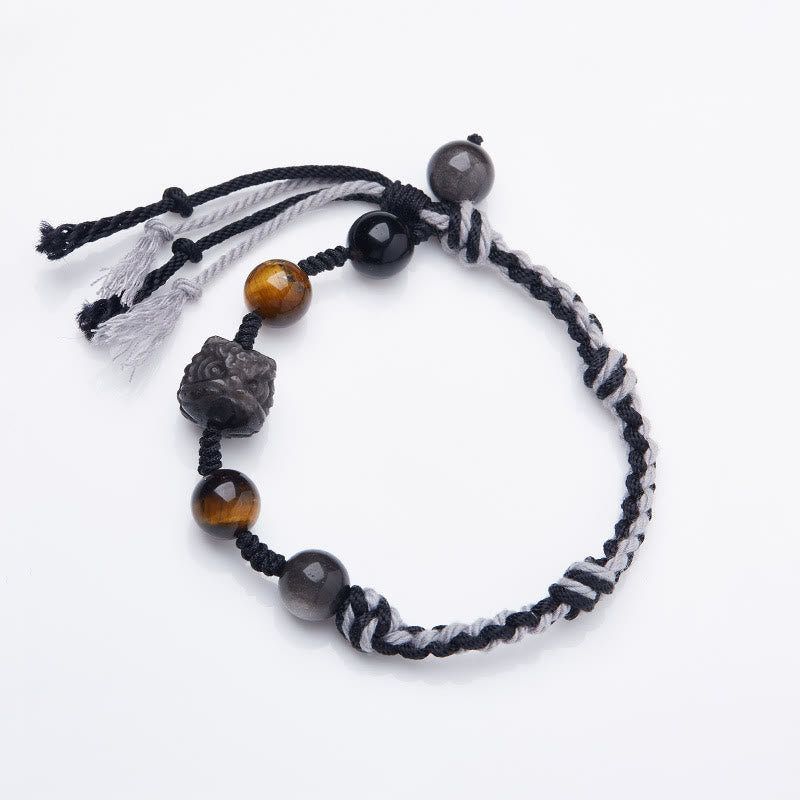 Natural Fluorite Amethyst Silver Sheen Obsidian Tiger's Eye Protection Rope Bracelet