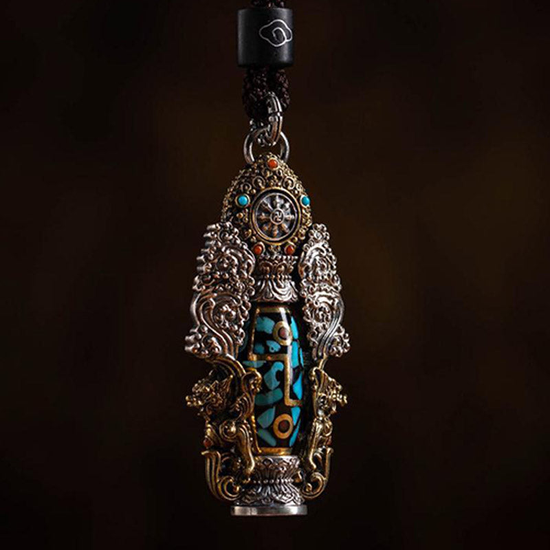 Tibetan Nine-Eye Dzi Bead Turquoise Buddha Wealth Rotation Necklace (Extra 30% Off | USE CODE: FS30)
