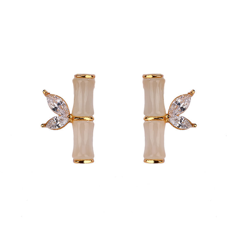 Gold Plated 925 Sterling Silver Bamboo Pattern Jade and Agate Stud Earrings