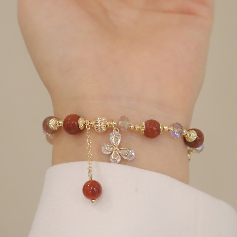 Natural Fu Lu Shou Rainbow Crystal Rutilated Quartz Wealth Butterfly Charm Bracelet