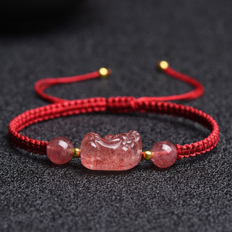 Natural Strawberry Quartz Pixiu Adjustable Red String Bracelet