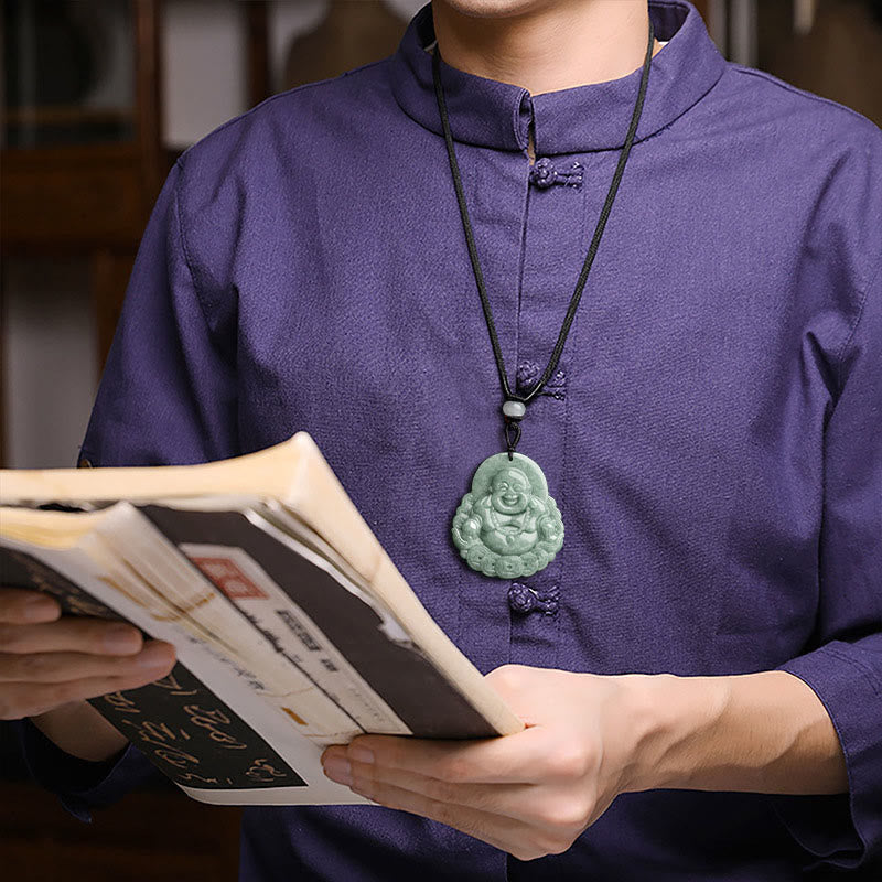 Laughing Buddha Natural Jade Copper Coin Abundance Necklace Pendant