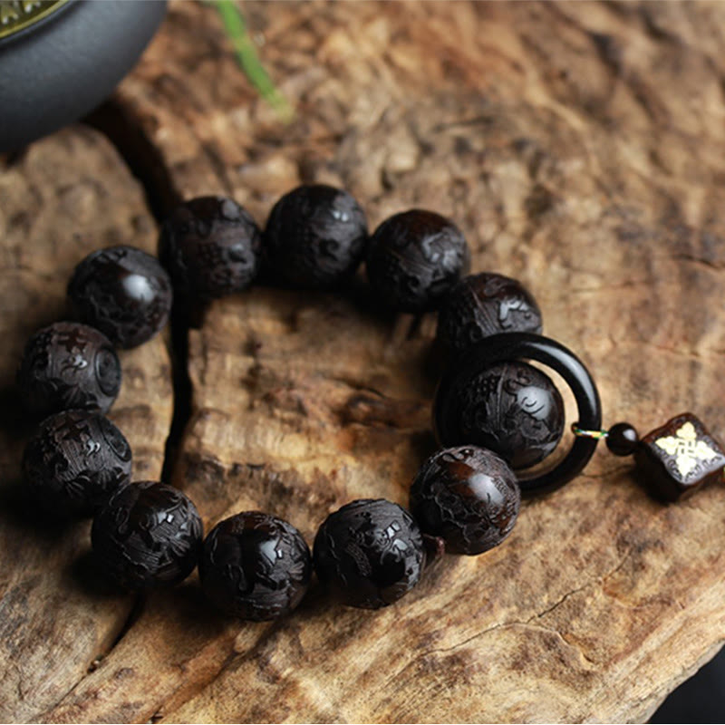 Ebony Wood Chinese Character Yin Yang Engraved Gourd Balance Bracelet