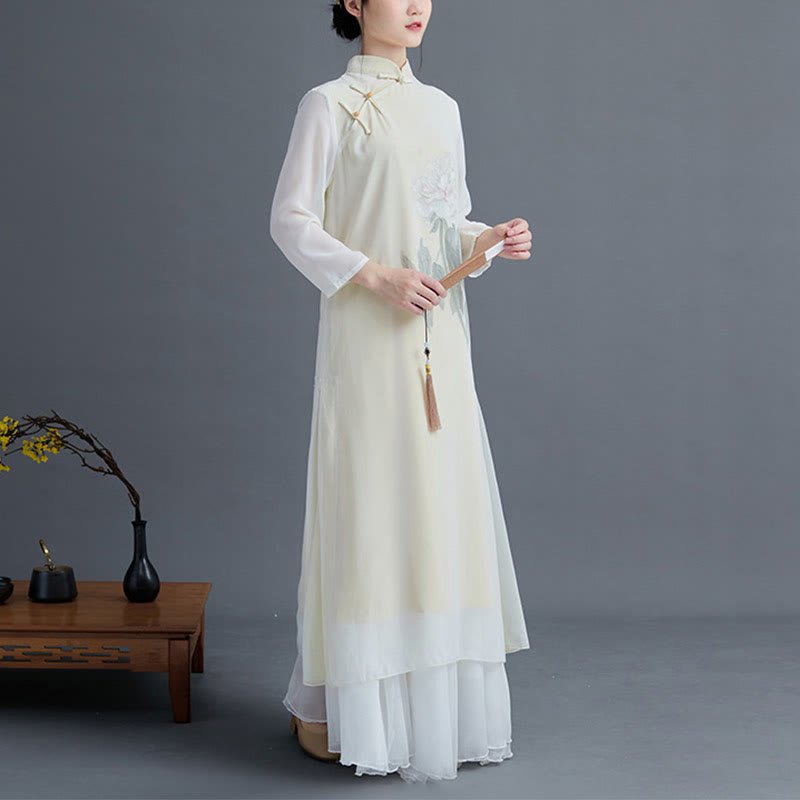 2Pcs Peony Flower Cheongsam Midi Dress Skirt Chiffon Zen Clothing Women's Set