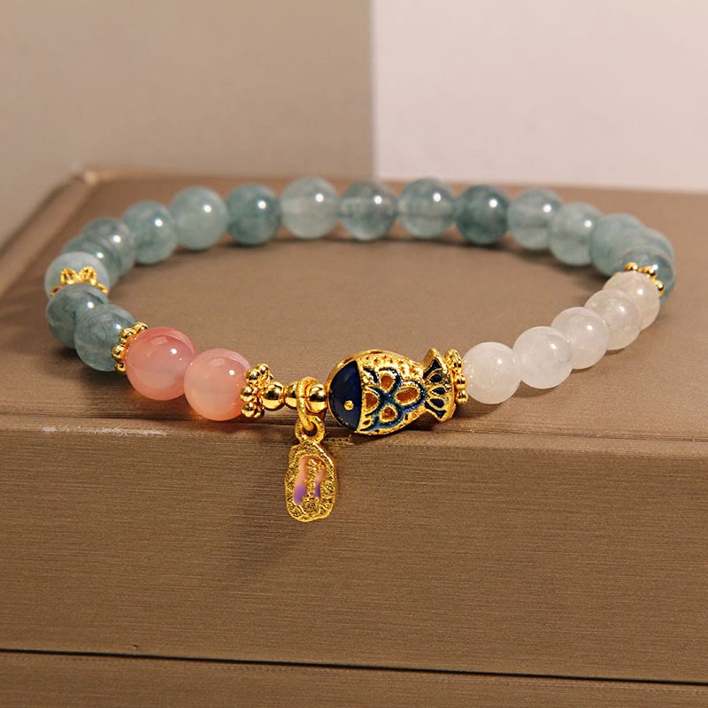 Jade Yanyuan Agate White Jade Koi Fish Scripture Charm Luck Bracelet