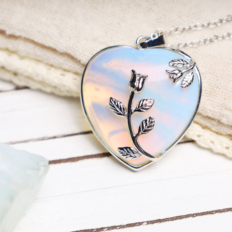 Opal Heart Rose Pendant Necklace