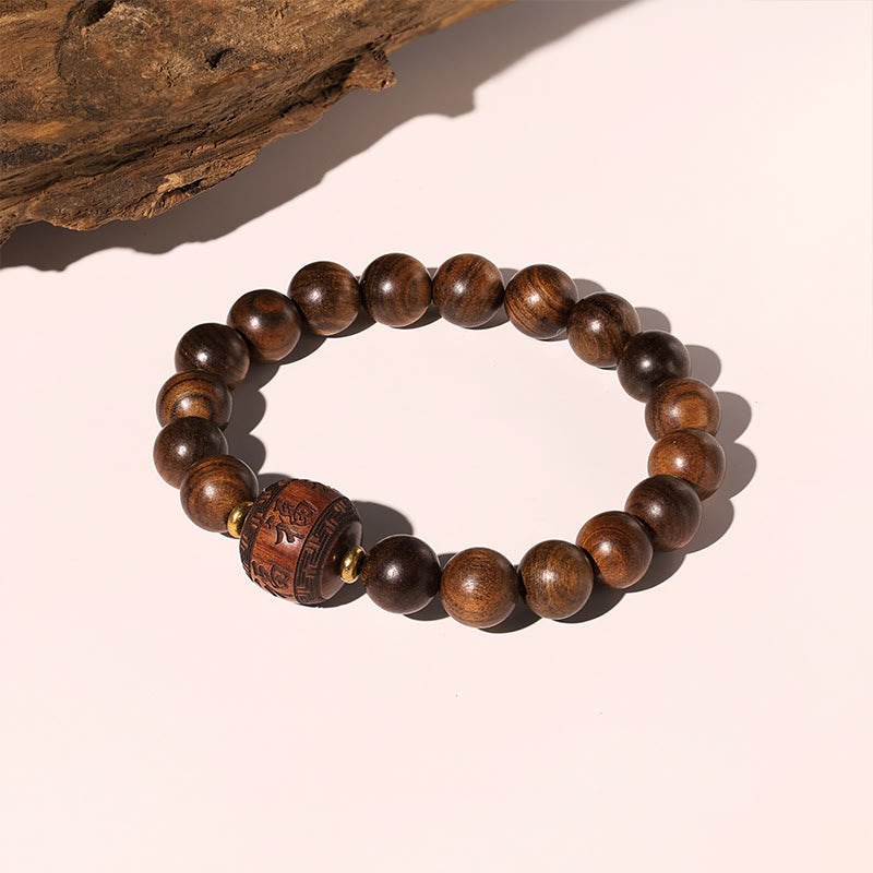 Hand-Carved Rosewood & Jade Turquoise Copper Auspicious Clouds Fu Symbol Bracelet