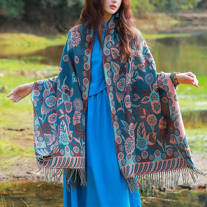 Tibetan Flower Floral Leaves Pattern Design Shawl Cozy Travel Scarf Wrap