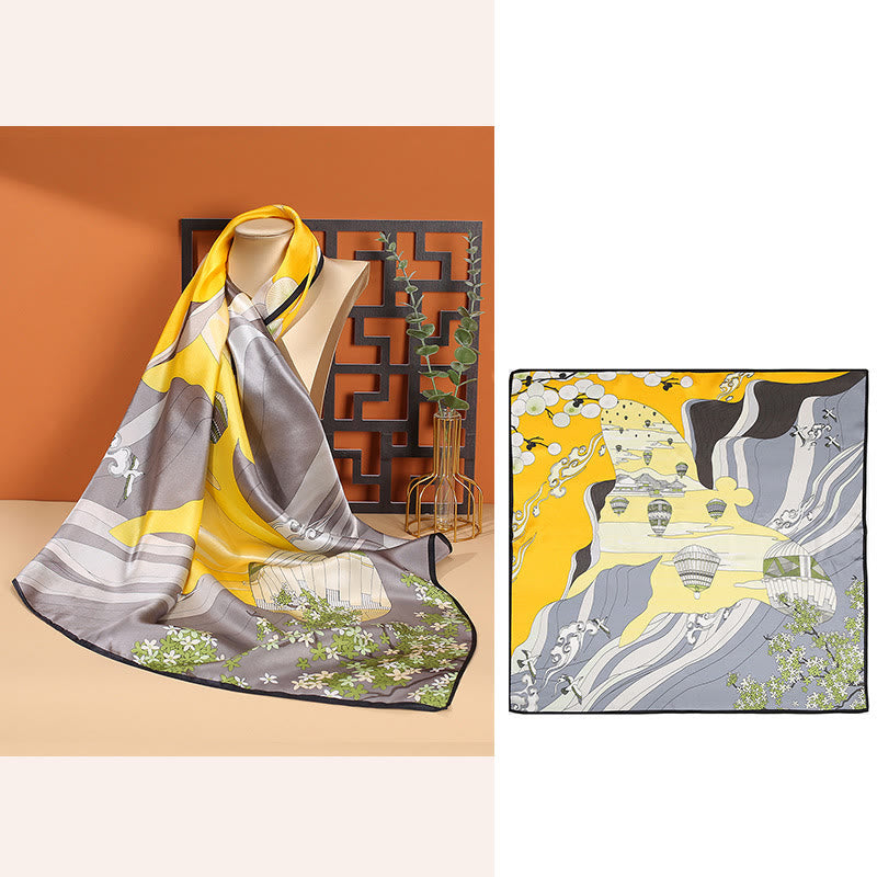 Pastoral Scene Hot Air Balloon Spring Blossom 100% Mulberry Silk Neck Hair Scarf