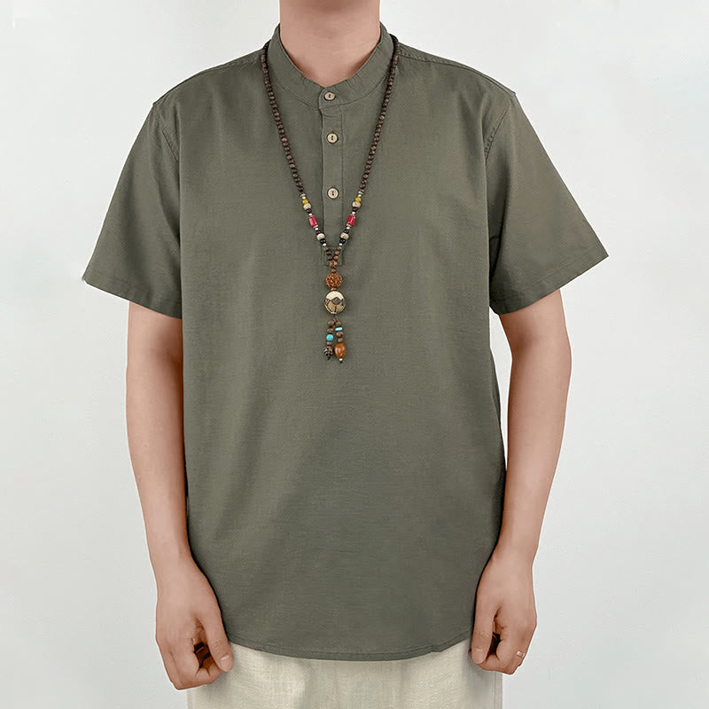 Solid Color Men Short Sleeve Button Linen Shirt