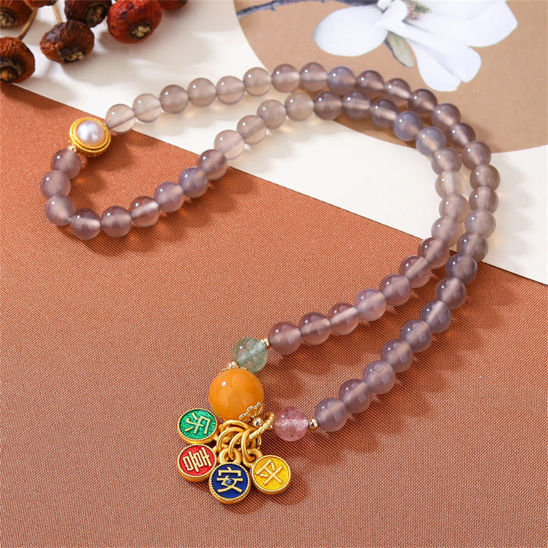 Natural Gray Agate Peace And Joy Charm Balance Double Wrap Bracelet