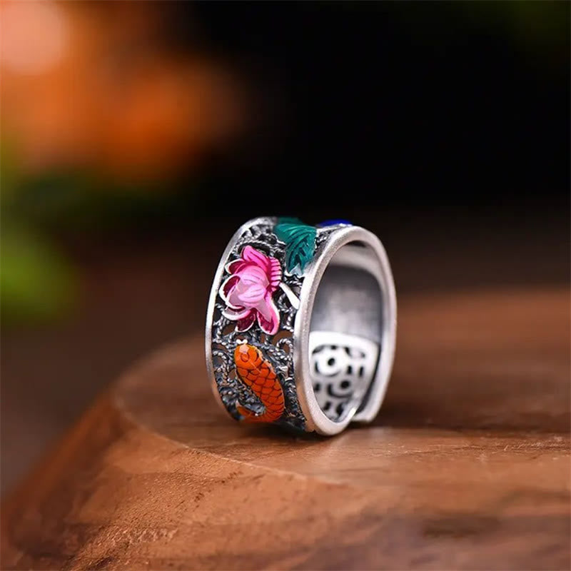 Copper Blue Enamel Lotus Heart Sutra Koi Fish Luck Ring