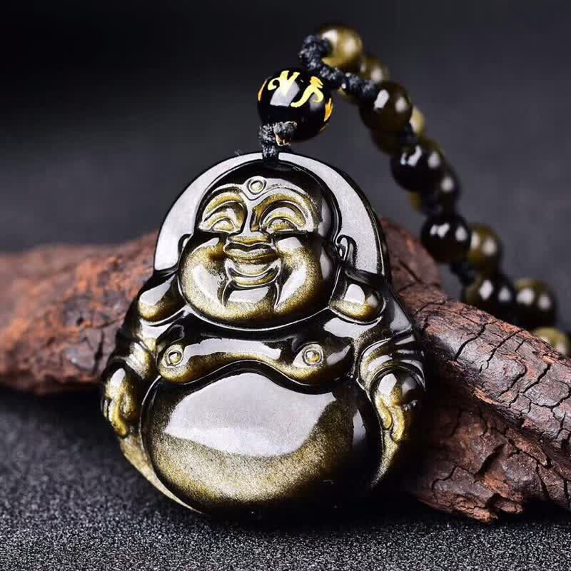 Laughing Buddha Gold Sheen Obsidian Wealth Necklace Pendant
