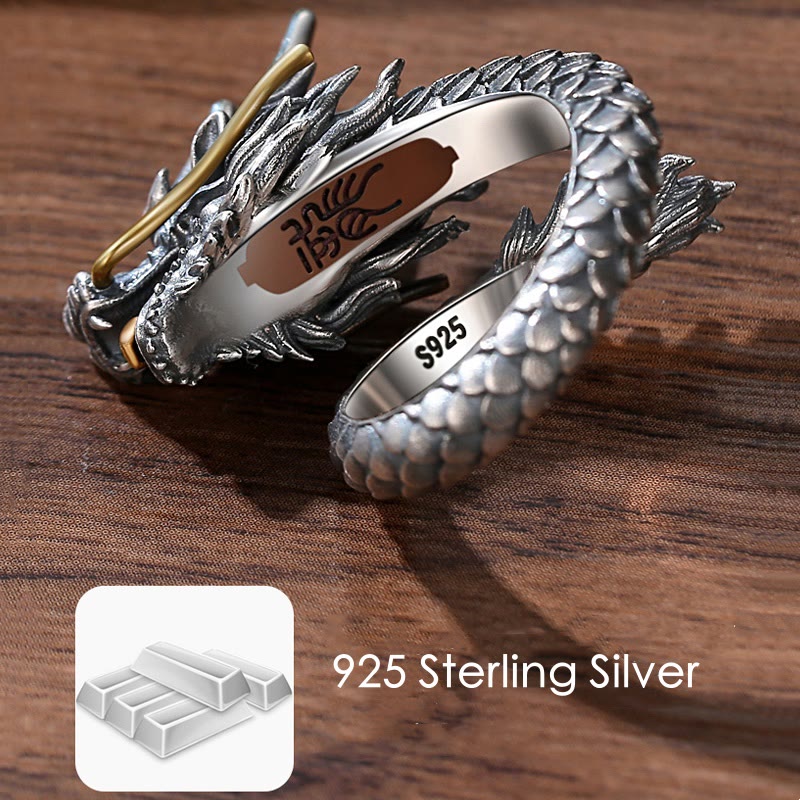 925 Sterling Silver Vintage Dragon Design Protection Strength Adjustable Ring