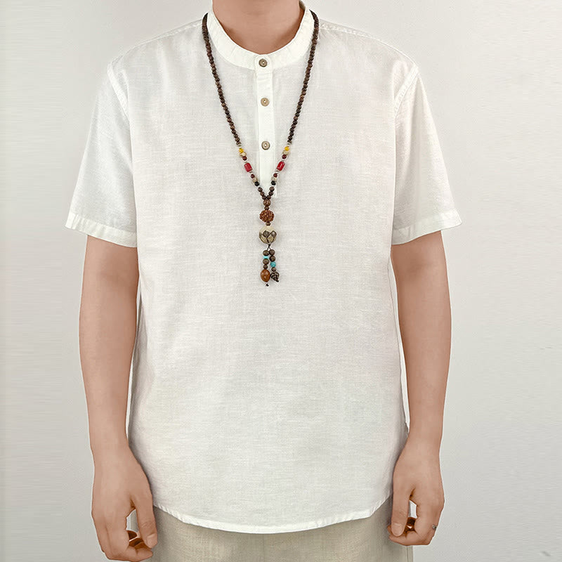 Solid Color Men Short Sleeve Button Linen Shirt