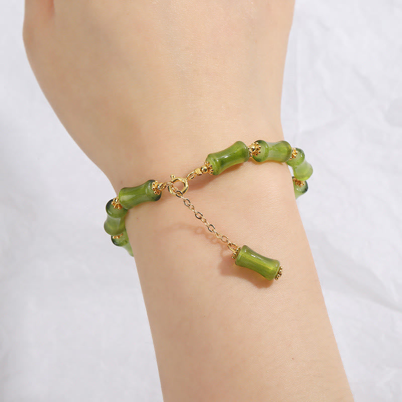 Handcrafted Moss Agate and Green Liuli Crystal Bamboo Motif Chain Bracelet
