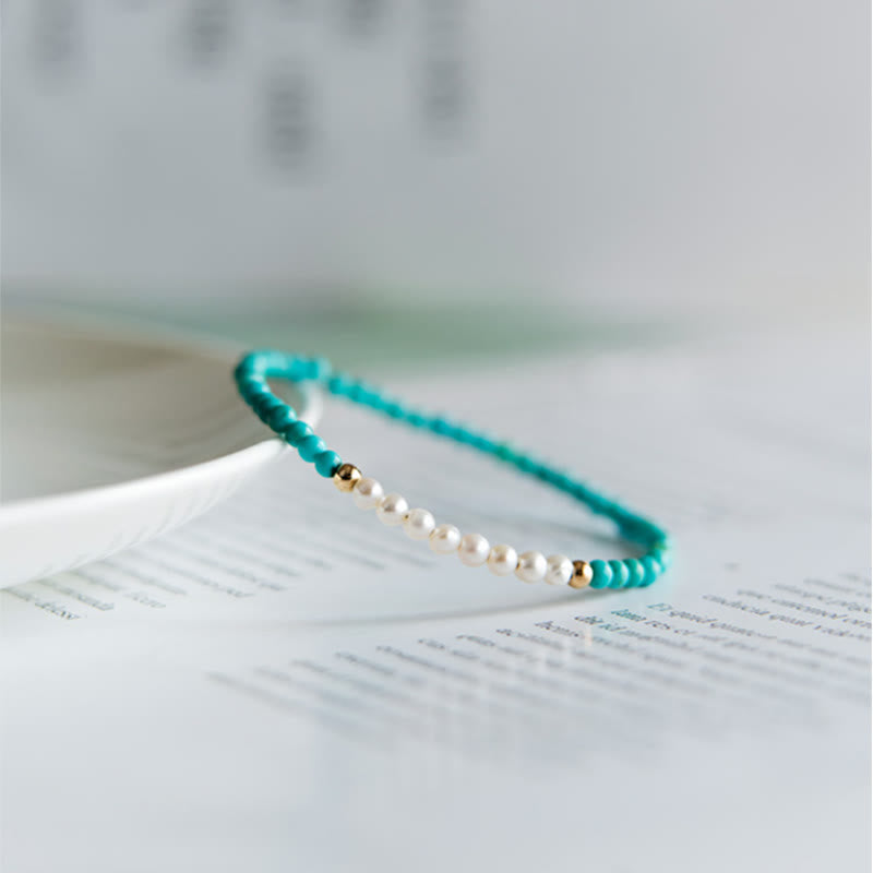 Handcrafted 925 Sterling Silver Natural Turquoise and Pearl Beaded Gold-Tone Bracelet