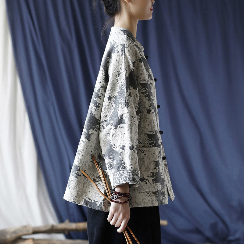 Black Gray Print Frog-button Design Long Sleeve Cotton Linen Jacket Shirt With Pockets