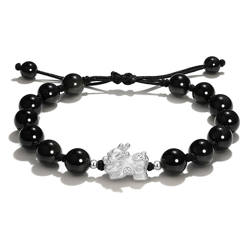 Natural Black Obsidian Cat's Eye Pink Crystal PiXiu Strength Bracelet