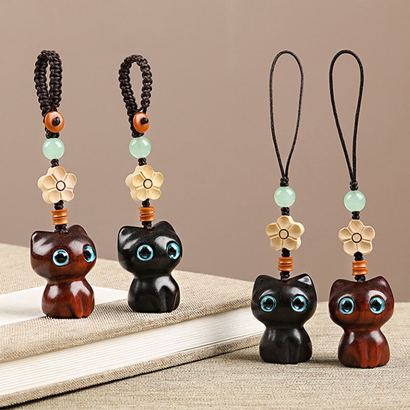 Hand-Carved Lucky Cat Wood Charm with Green Aventurine, Boxwood & Olive Wood Phone Keychain