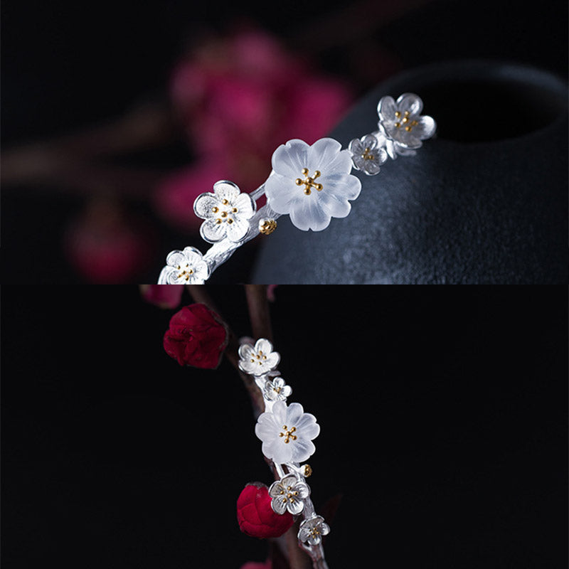 925 Sterling Silver Plum Flower Blessing Bracelet Adjustable Bangle