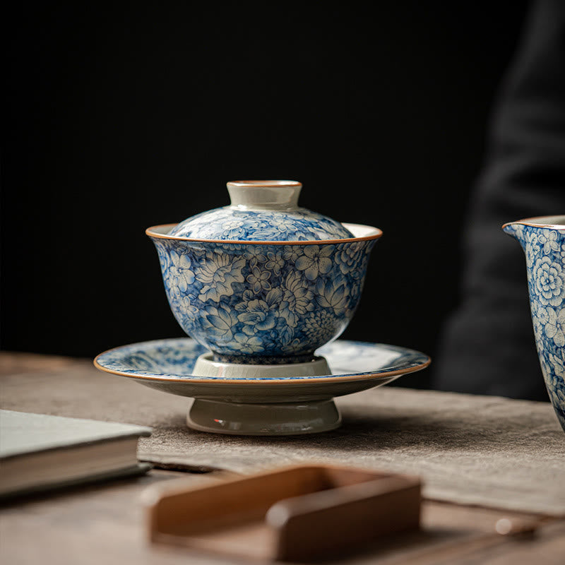 Vintage Blue And White Porcelain Peach Blossom Lotus Peony Ceramic Gaiwan Sancai Teacup Kung Fu Tea Cup And Saucer With Lid