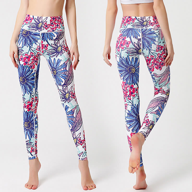 Colorful Flower Petal Leaves Print Sports Exercise Fitness High Waist Leggings Women's Yoga Pants