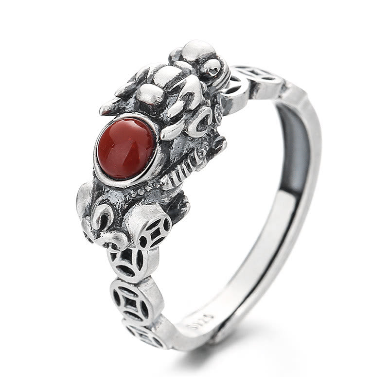 PiXiu Copper Coin Red Agate Wealth Luck Ring