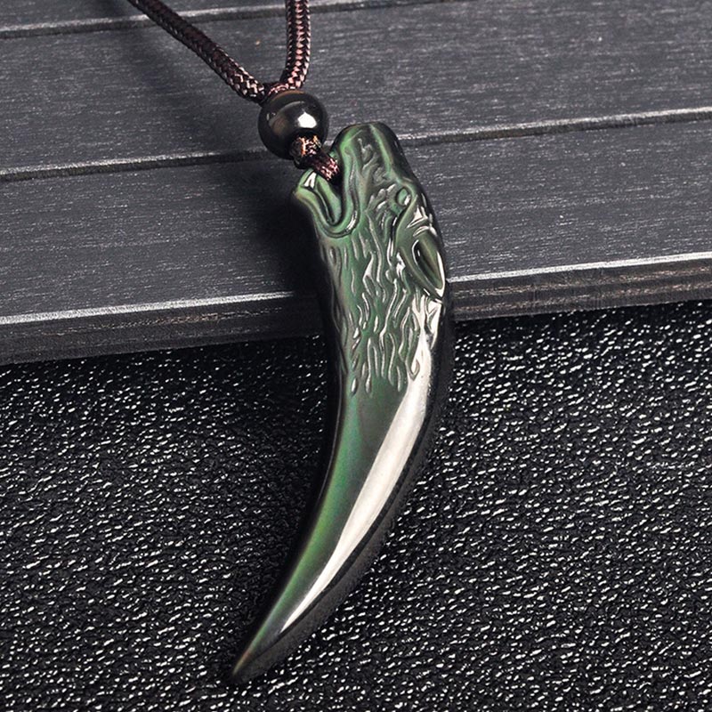 Natural Black Obsidian Ice Obsidian Rainbow Obsidian Wolf Tooth Pattern Strength Necklace Pendant
