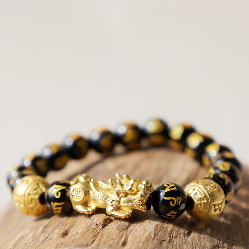 Adjustable Black Obsidian Beaded Bracelet with Pixiu Charm, Agate, Copper, and Om Mani Inscription