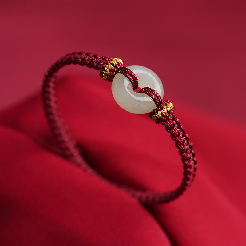 Hand-Braided Jade Ping An Kou Red String Adjustable Bracelet